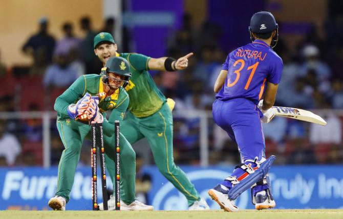 Ruturaj Gaikwad is stumped by wicketkeeper Quinton de Kock off the bowling of Tabraiz Shamsi