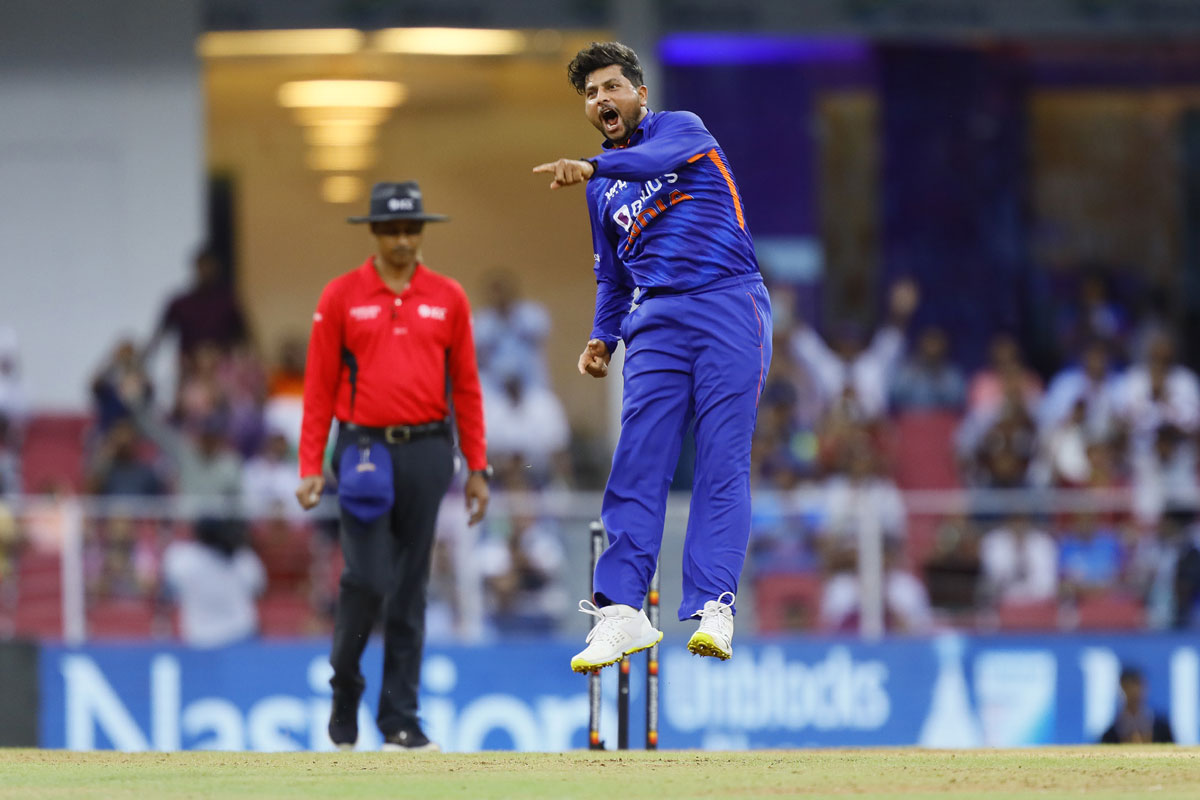 A jubilant Kuldeep Yadav after dismissing Aiden Markram