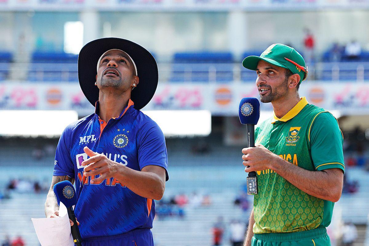 Indian skipper Shikhar Dhawan and South African skipper Keshav Maharaj at the toss ahead of the 2nd ODI match between India and South Africa, at Ranchi 