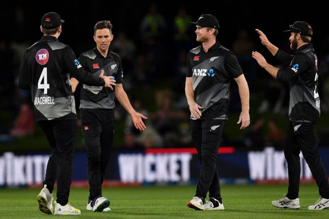 New Zealand players celebrating during the match against Bangladesh  in the tri-nation series