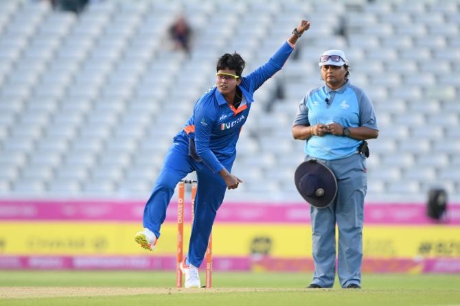 Deepti Sharma of Team India bowls during the Cricket T20 Group A match