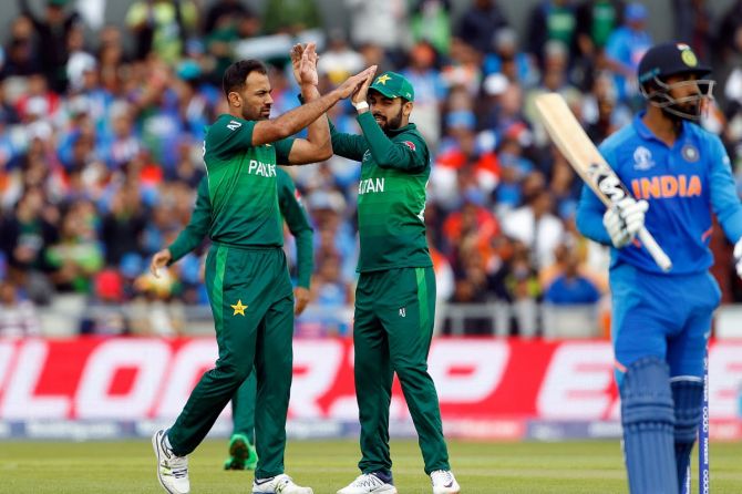 Pakistan bowler Wahab Riaz celebrates the wicket