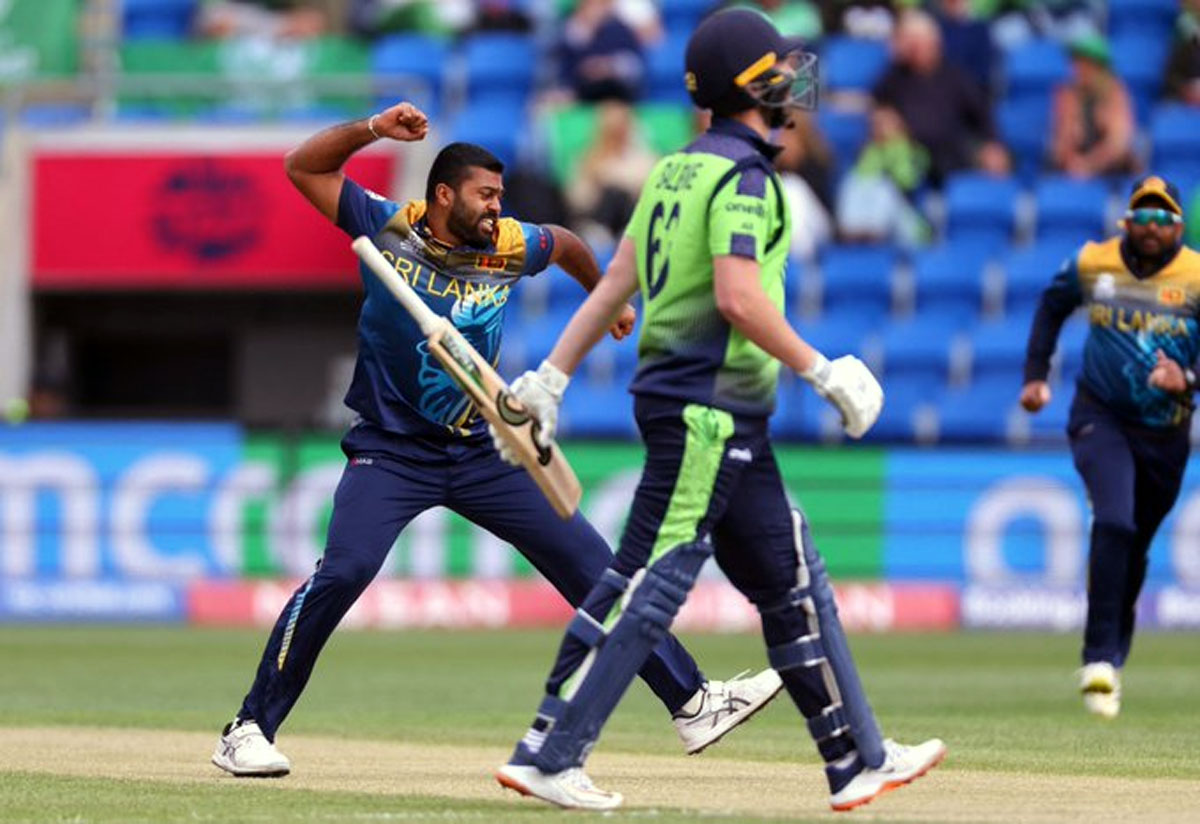 Sri Lanka pacer Lahiru Kumara celebrates the wicket of Ireland captain Andrew Balbirnie