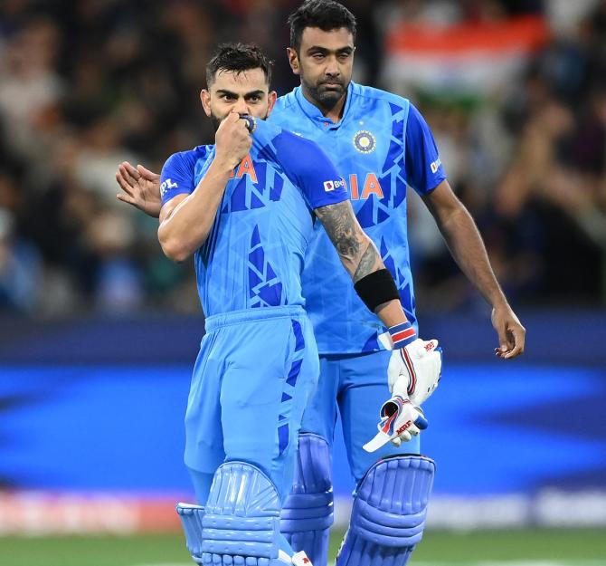 Virat Kohli of India celebrates winning the ICC Men's T20 World Cup match between India and Pakistan at Melbourne Cricket Ground