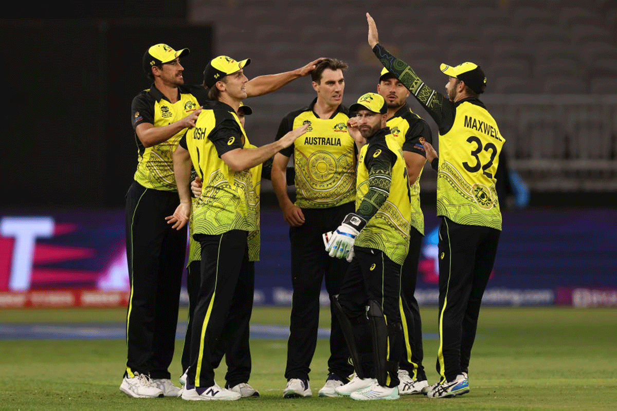 Pat Cummins of Australia celebrates the wicket of Kusal Mendis of Sri Lanka 