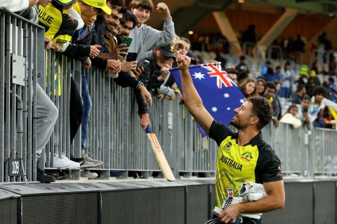 Australia's Marcus Stoinis thanks the crowd after the win
