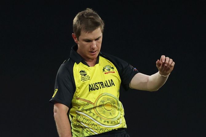dam Zampa of Australia reacts after dismissing Kane Williamson of New Zealand during the ICC Men's T20 World Cup match between Australia and New Zealand