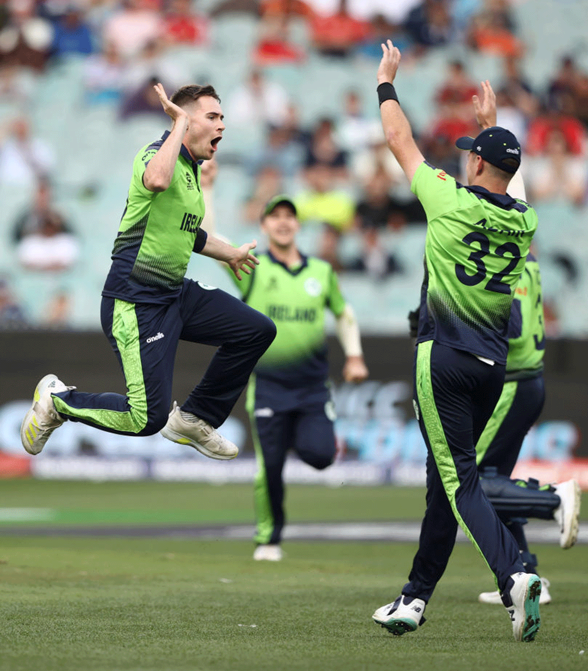 Ireland's Josh Little celebrates taking the wicket of England captain Jos Buttler