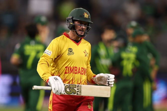 Sean Williams, Zimbabwe's top-scorer with 31 off 28 balls, walks off the field after being dismissed.