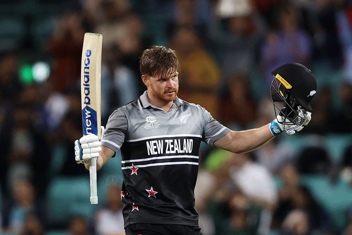 Glenn Phillips celebrates on scoring his century