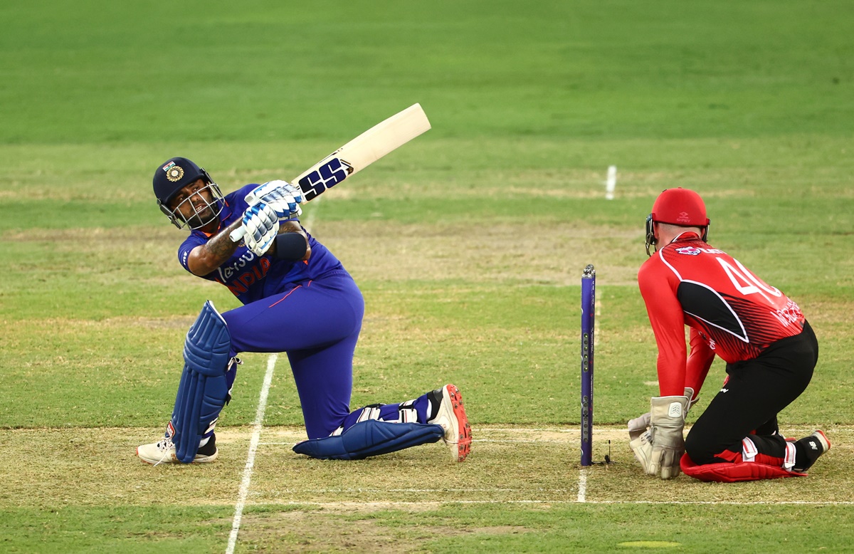 Suryakumar Yadav sweeps over the boundary for one of his 6 sixes in the Asia Cup match against Hong Kong in Dubai on Wednesday. 