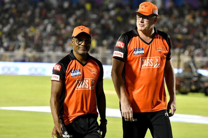 Sunrisers Hyderabad coaches Tom Moody and Brian Lara during the TATA Indian Premier League 2022 match between the Sunrisers Hyderabad and  Kolkata Knight Riders, at Brabourne Stadium in Mumbai on April 15, 2022.