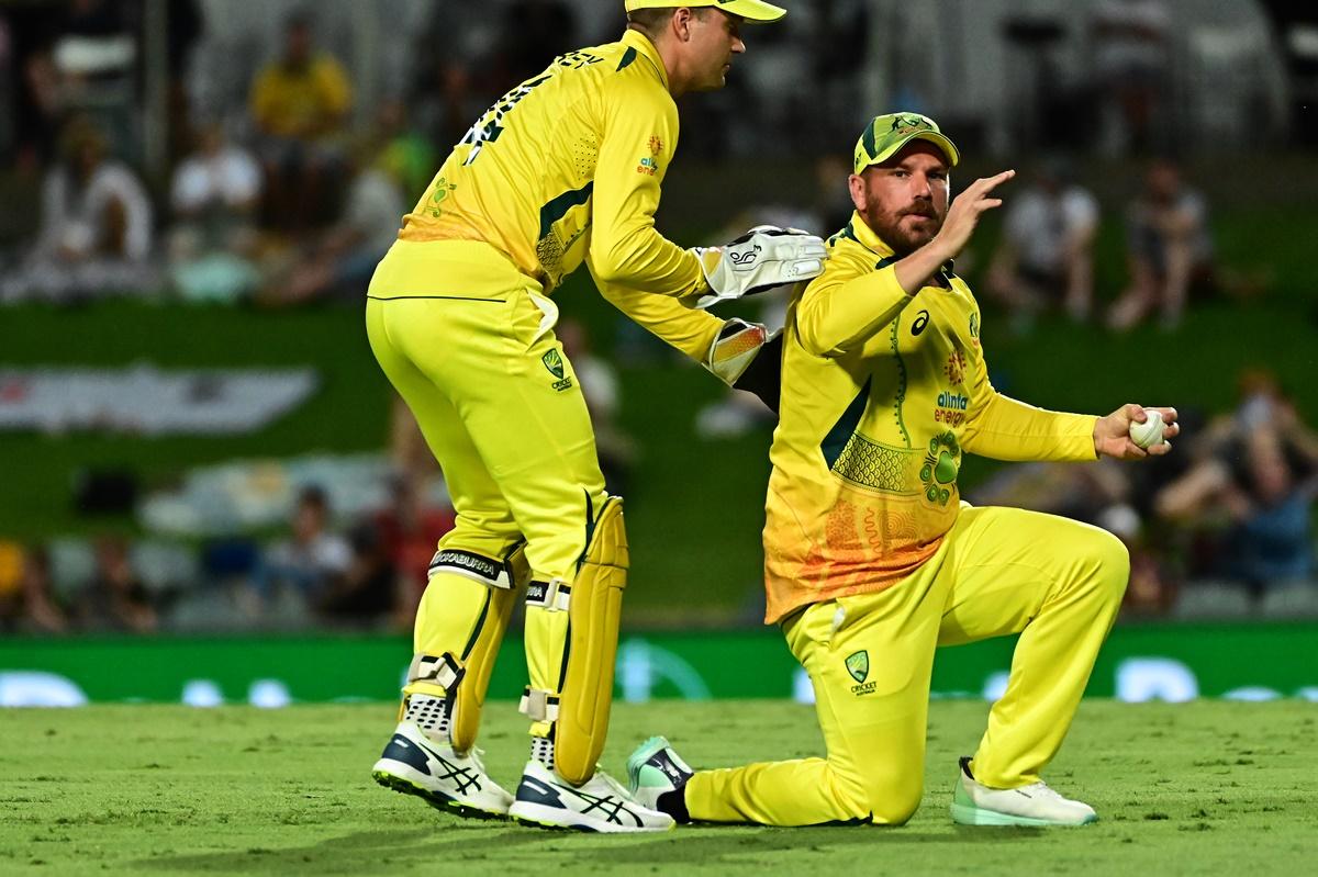 Australia's captain Aaron Finch takes the catch of Martin Guptill during the second ODI against New Zealand, at Cazaly's Stadium in Cairns.