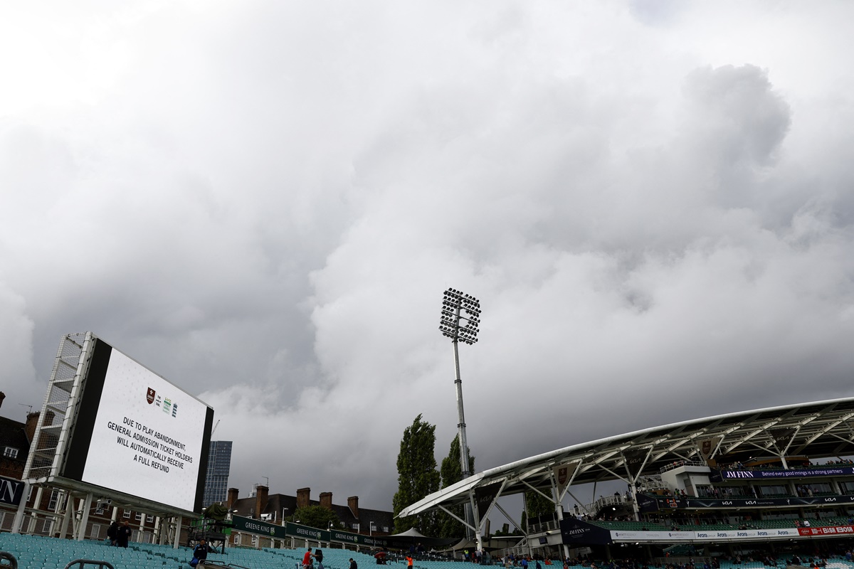 The big screen at The Oval, in London, displays a 'play is abandoned for the day' message on Day 1 of the third Test between England and South Africa.