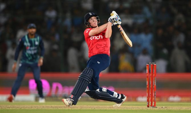 England's Harry Brook hits a six during the third T20 International against Pakistan, at Karachi National Stadium on Friday.