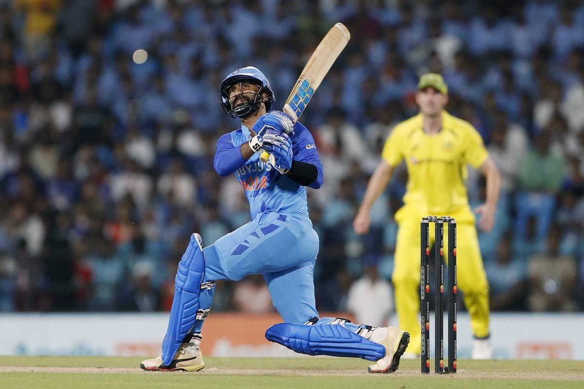 Dinesh Karthik hits a six during the second T20 International against Australia, at the Vidarbha Cricket Association Stadium in Nagpur, on Friday. 