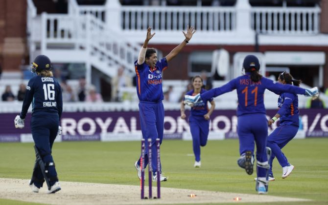 Jhulan Goswami celebrates after dismissing England's Kate Cross with her 10,001st delivery in the ODI format for her 255th wicket.