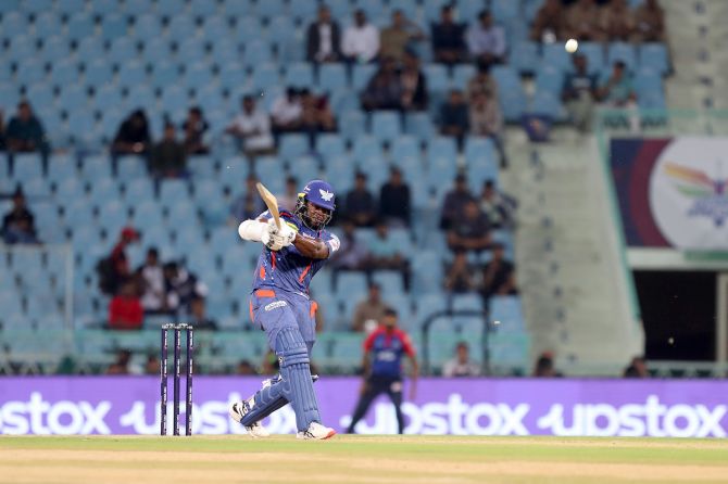 Lucknow Super Giants opener Kyle Mayers hit 7 sixes during his 38-ball 73 in Saturday's Indian Premier League match against Delhi Capitals, at the Atal Bihari Vajpayee Stadium, in Lucknow.
