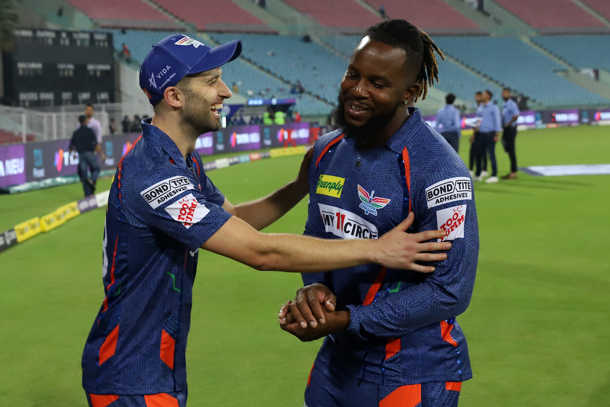 Mark Wood and Kyle Mayers are all smiles after steering Lucknow Super Giants to an easy victory over Delhi Capitals in the Indian Premier League match in Lucknow on Saturday.