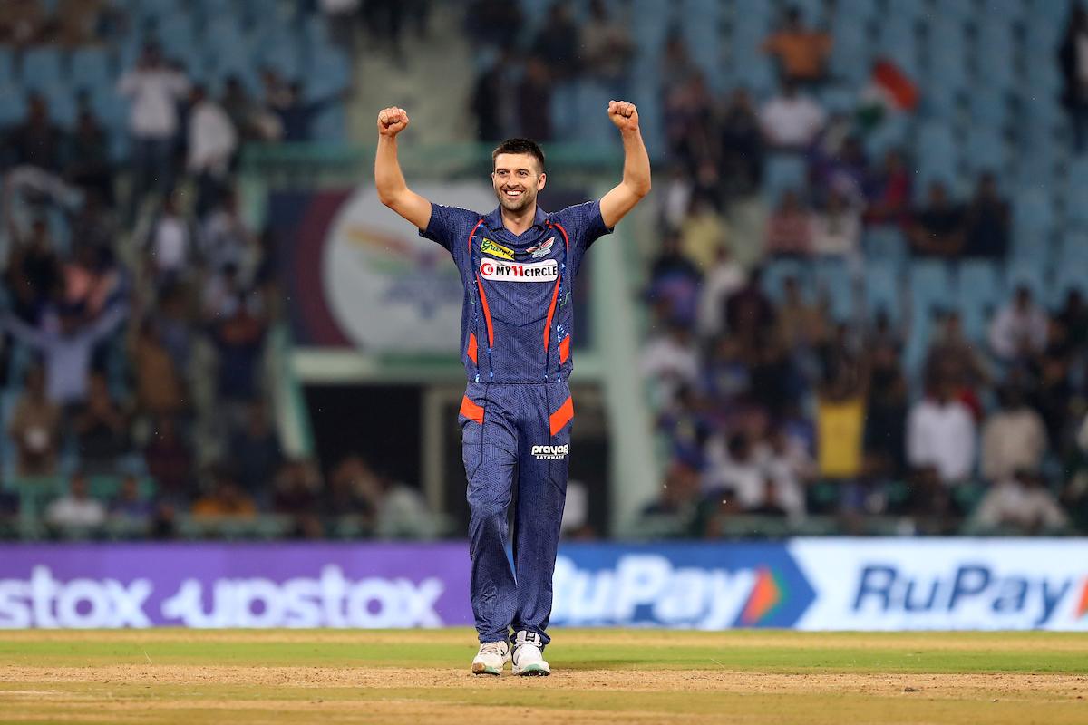 Lucknow Super Giants pacer Mark Wood celebrates dismissing Delhi Capitals's Chetan Sakariya during the Indian Premier League match at the Bharat Ratna Shri Atal Bihari Vajpayee Ekana Cricket Stadium, in Lucknow, on Saturday.