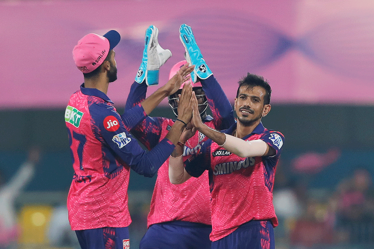 Yuzvendra Chahal celebrates the wicket of Jitesh Sharma