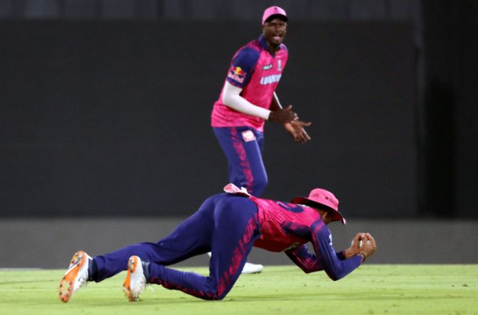 Yashasvi Jaiswal takes the catch to dismiss Rilee Rossouw off the bowling of Ravichandran Ashwin.