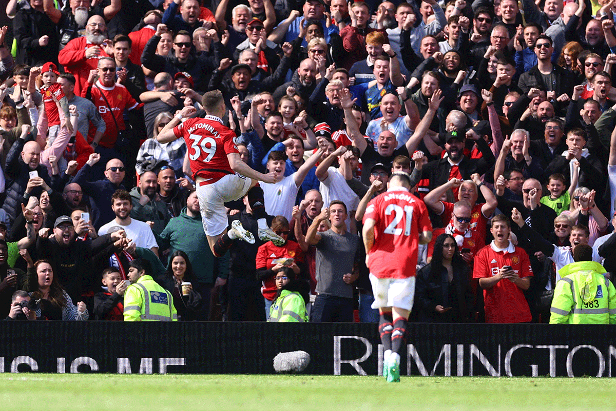 Manchester United's Scott McTominay celebrates scoring their first goal against Everton at Old Trafford in Manchester