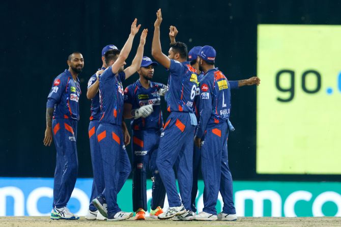 Lucknow Super Giants players celebrate a wicket during the Indian Premier League match against Delhi Capitals, at Atal Bihari Vajpayee Ekana stadium, in Lucknow, on April 1, 2023.