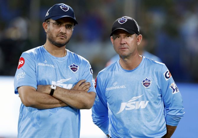 Delhi Capitals head coach Ricky Ponting with Sourav Ganguly, DC's director of cricket