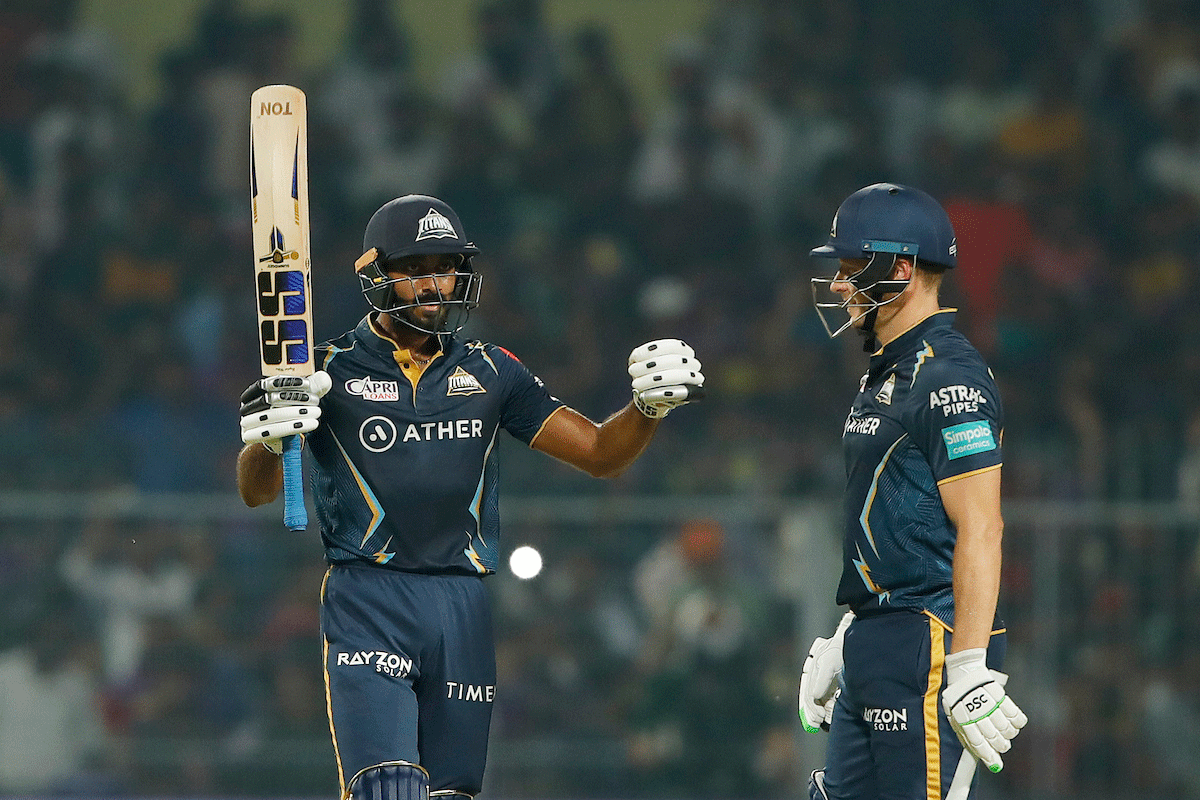 Vijay Shankar celebrates his match-winning half-century against KKR