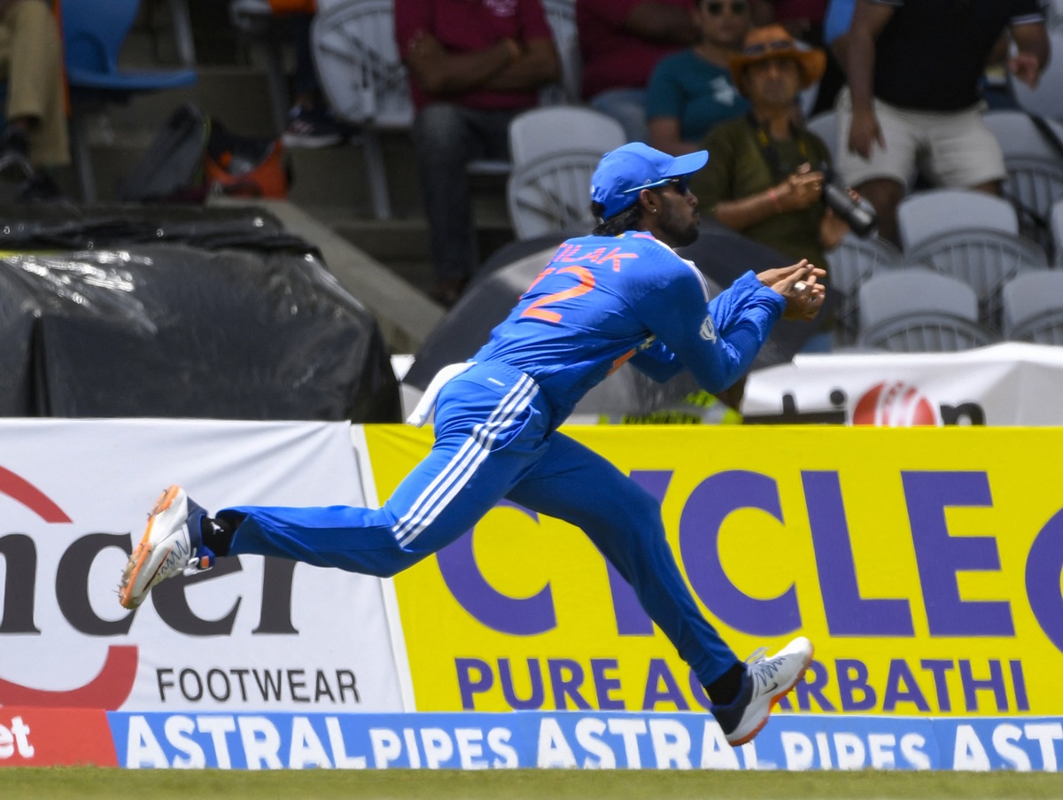 Tilak Varma took a fine running catch to dismiss Johnson Charles for 3