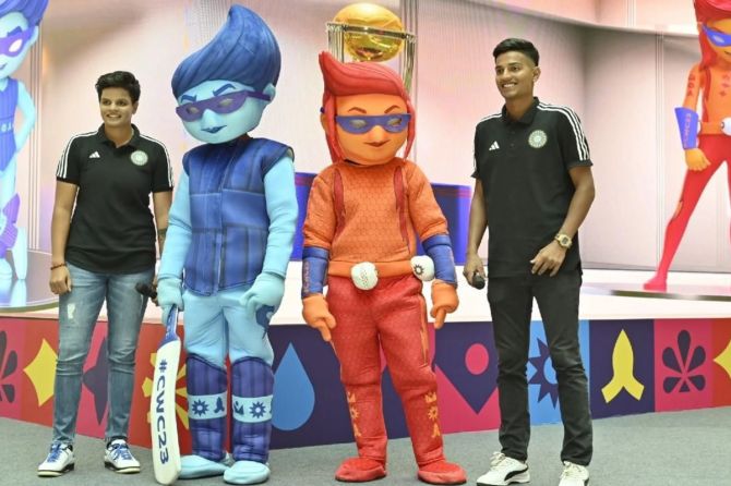 ICC's ODI World Cup mascot duo unveiled in the presence of the captains of the reigning U19 World Cup Champions, Yash Dhull and Shafali Verma, in Gurugram on Saturday.