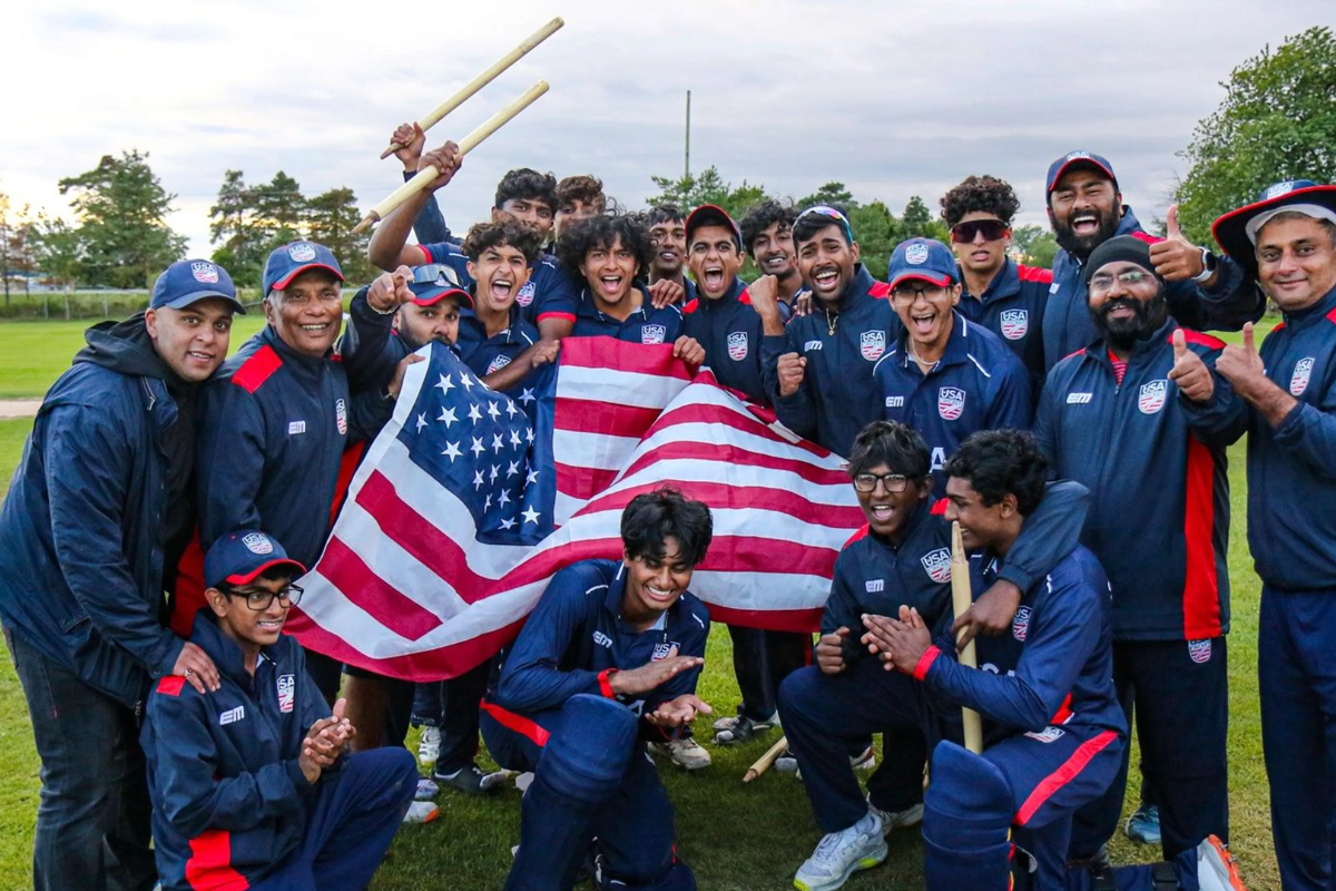 The USA Under-19 squad celebrate on qualifying for the Under-19 ODI World Cup, on Saturday
