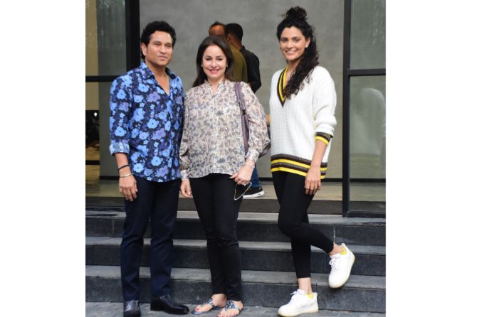 Sachin Tendulkar and Anjali Tendulkar with Sayami Kher at the screening of the movie Ghoomer on Monday