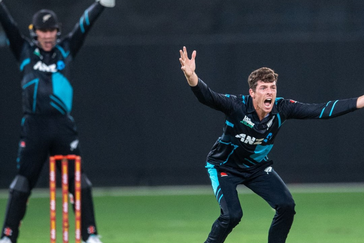 New Zealand's Mitchell Santner appeals for a wicket during the 3rd T20I against UAE on Sunday