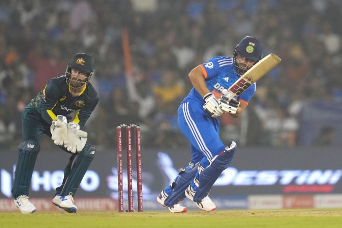 Rinku Singh bats during the fourth T20I against Australia in Raipur on December 1, 2023