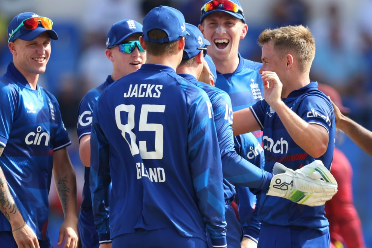 Sam Curran celebrates a West Indies wicket with teammates during the 2nd ODI in North Sound, Antigua, on Wednesday