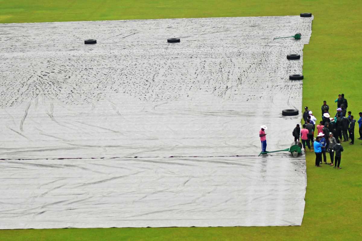 The pitch is covered as rains played spoiled sport on Day 2 of the 2nd Test between Bangladesh and New Zealand in Mirpur on Thursday