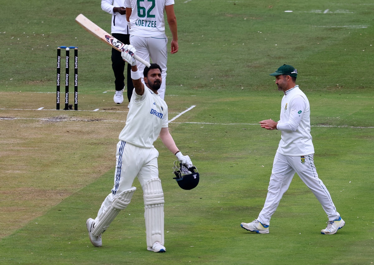 K L Rahul celebrates after hitting a six and completing his hundred in India's first innings on Day 2 of the first Test against South Africa, at Centurion, on Wednesday.