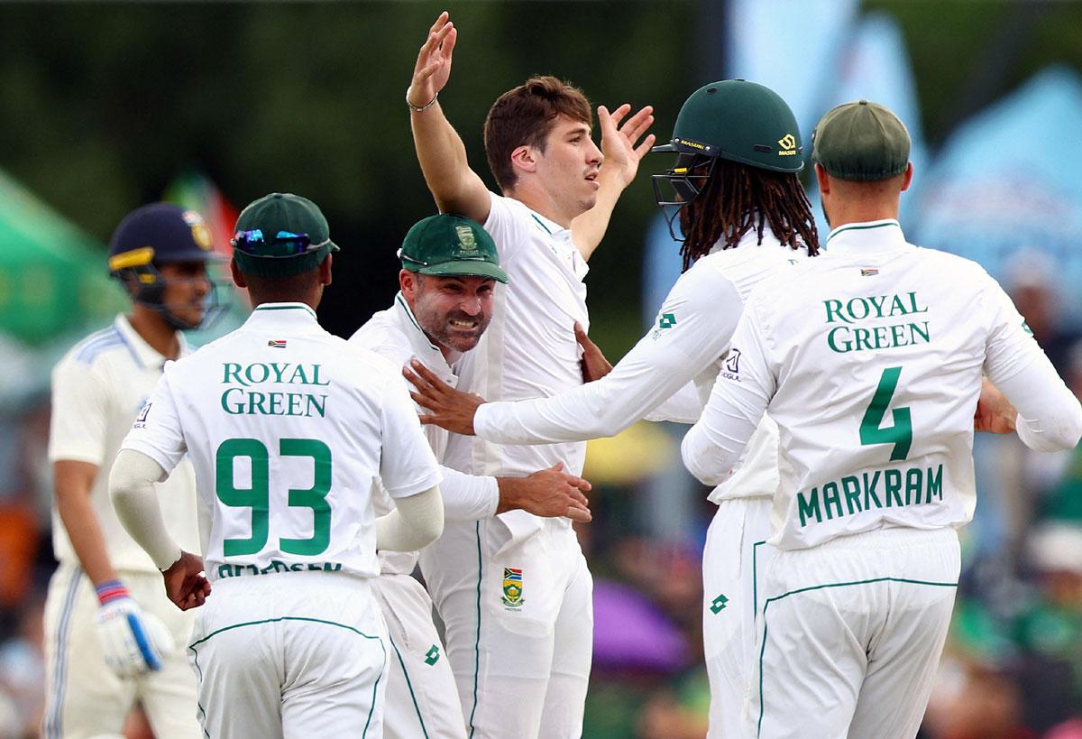 Nandre Burger celebrates the wicket of Yashasvi Jaiswal in India's second innings