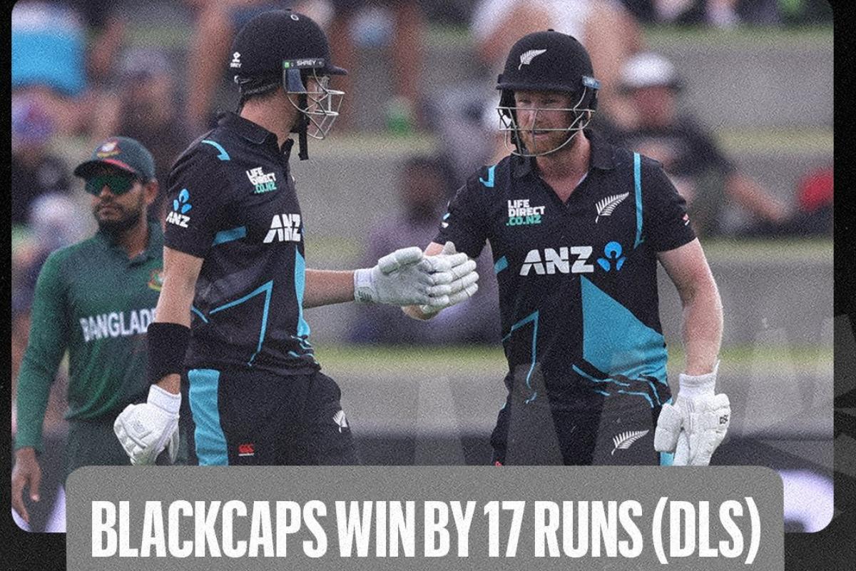 A 46-run partnership between Jimmy Neesham (28*) and Mitchell Santner (18*) guiding the team to a rain-affected victory at Bay Oval