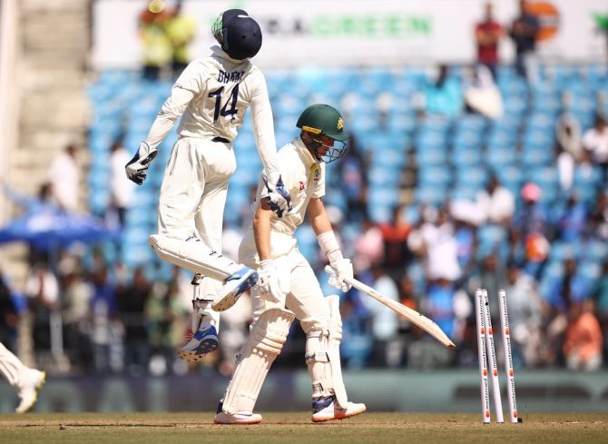 India's KS Bharat celebrates on stumping Australia's Marnus Labuschagne in the opening Test in Nagpur 