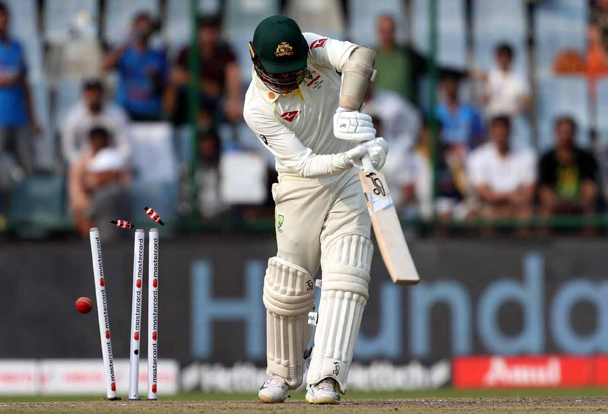 Nathan Lyon is bowled by Mohammed Shami on Day 1 of the second Test, at the Arun Jaitley stadium, in Delhi, on Friday.