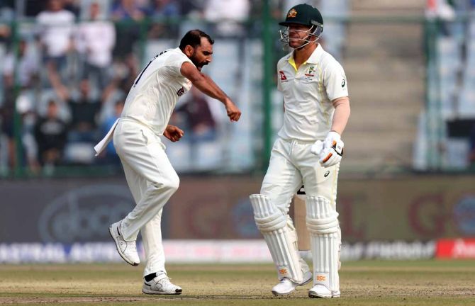 India pacer Mohammed Shami celebrates dismissing Australia opener David Warner on Day 1 of the second Test, at the Arun Jaitley stadium, in Delhi, on Friday.