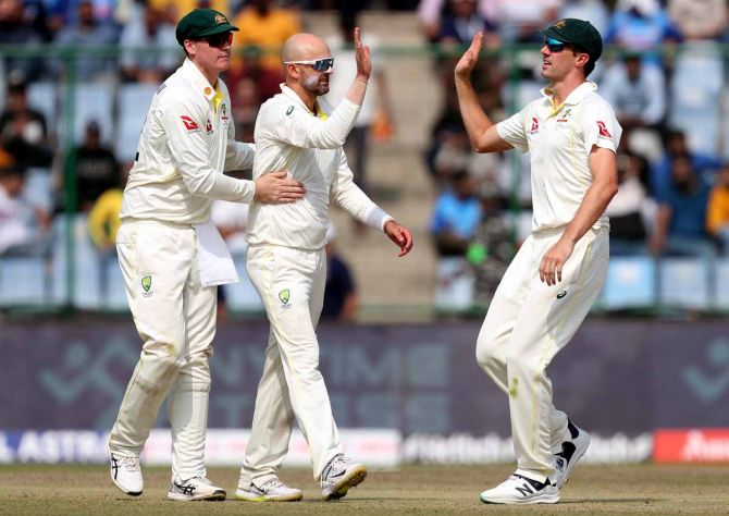 Nathan Lyon celebrates the wicket of Srikar Bharat to complete his five-wicket haul.