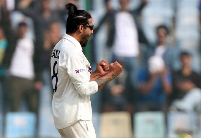 Ravindra Jadeja celebrates dismissing Pat Cummins on Day 3 of the second Test between India and Australia, at the Arun Jaitley stadium in Delhi, on Sunday.