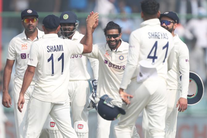Ravindra Jadeja celebrates with his India teammates after taking a career-best seven wickets for 42 runs during Day 3 of the second Test against Australia, at the Arun Jaitley Stadium, in Delhi, on Sunday.
