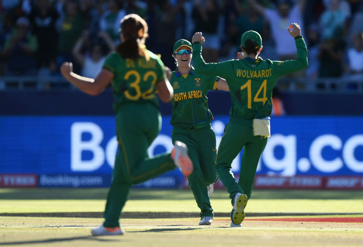 South Africa's Anneke Bosch celebrates the wicket of England's Amy Jones