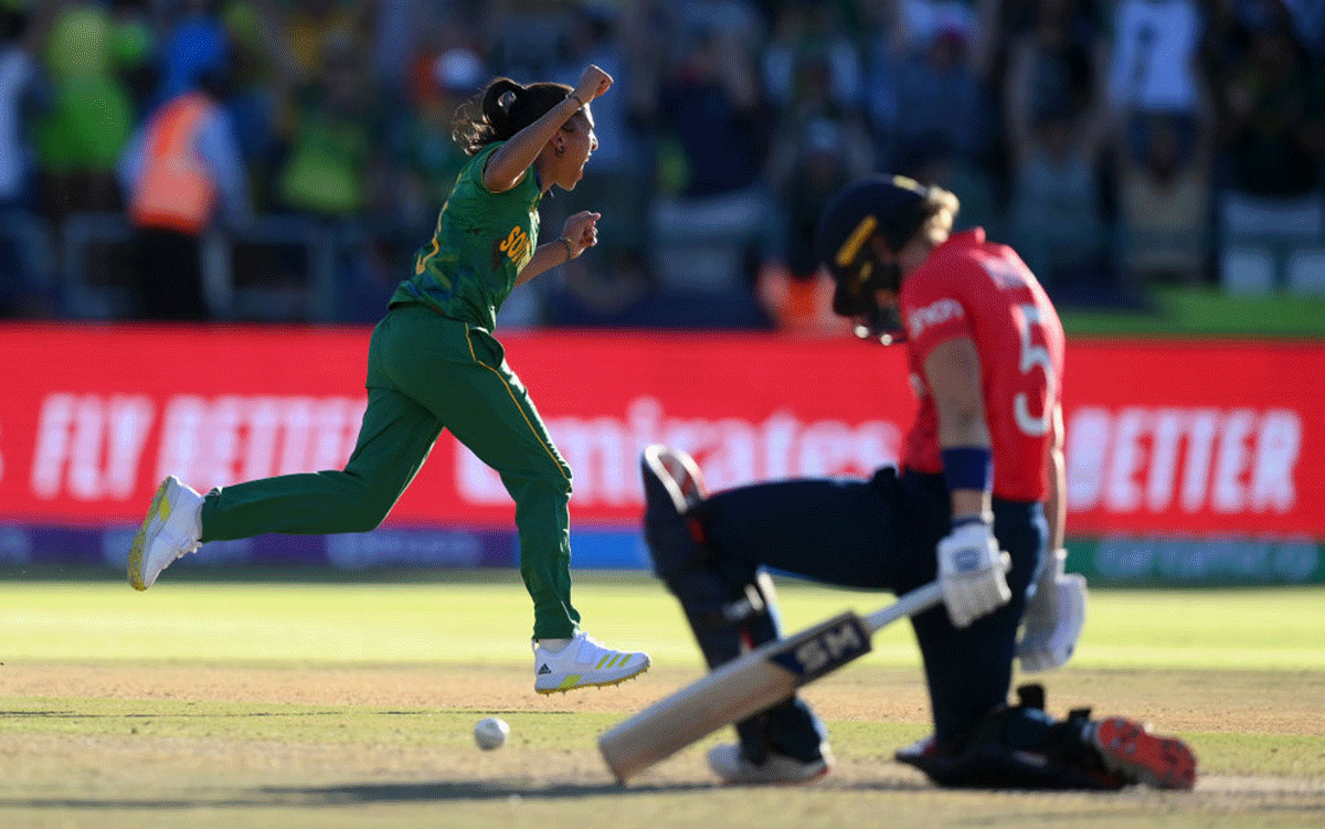 South Africa's Shabnim Ismail celebrates after dismissing England's Heather Knight