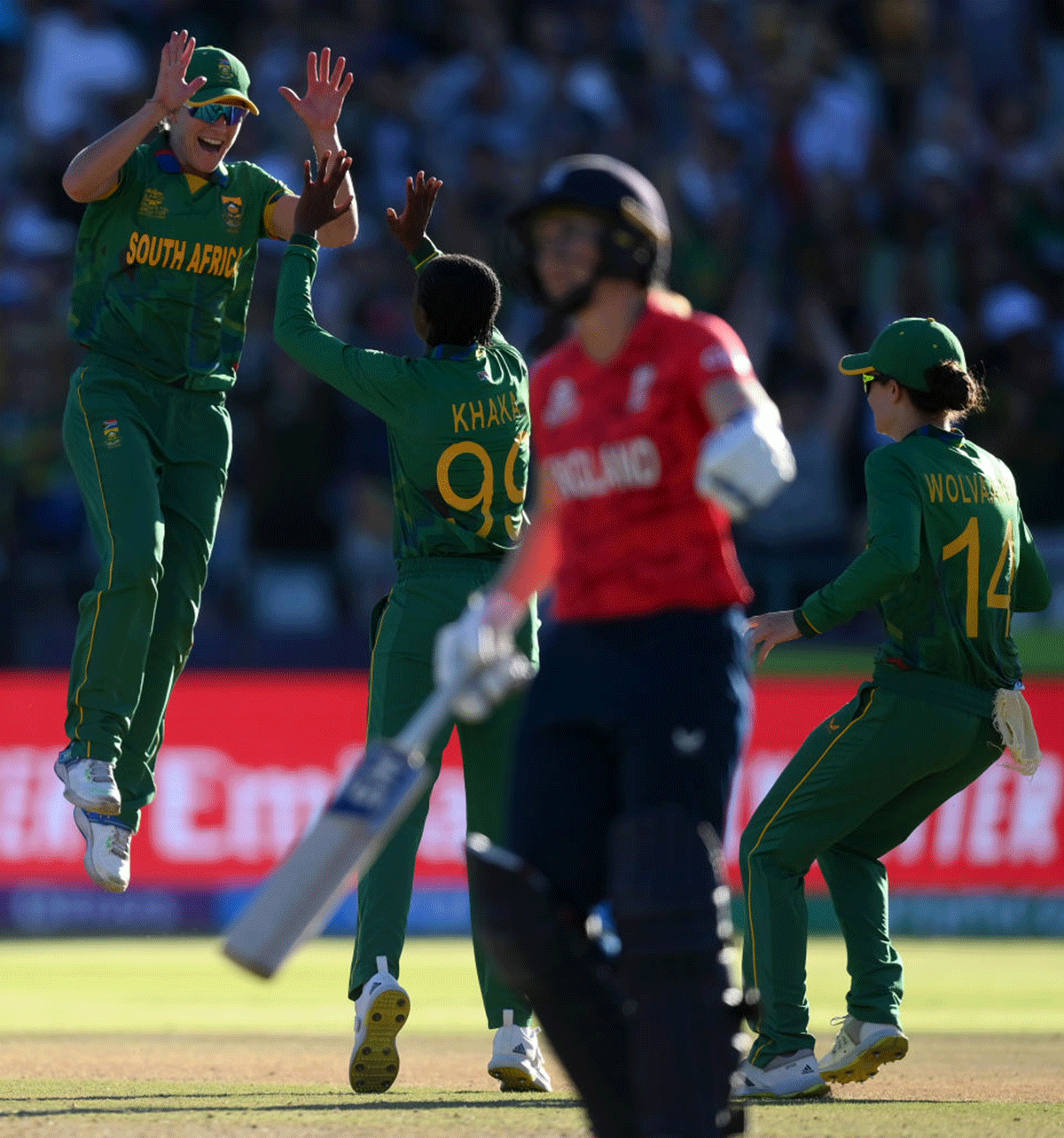South Africa's Ayabonga Khaka celebrates the wicket of England's Katherine Sciver-Brunt. Khaka finished with four wickets